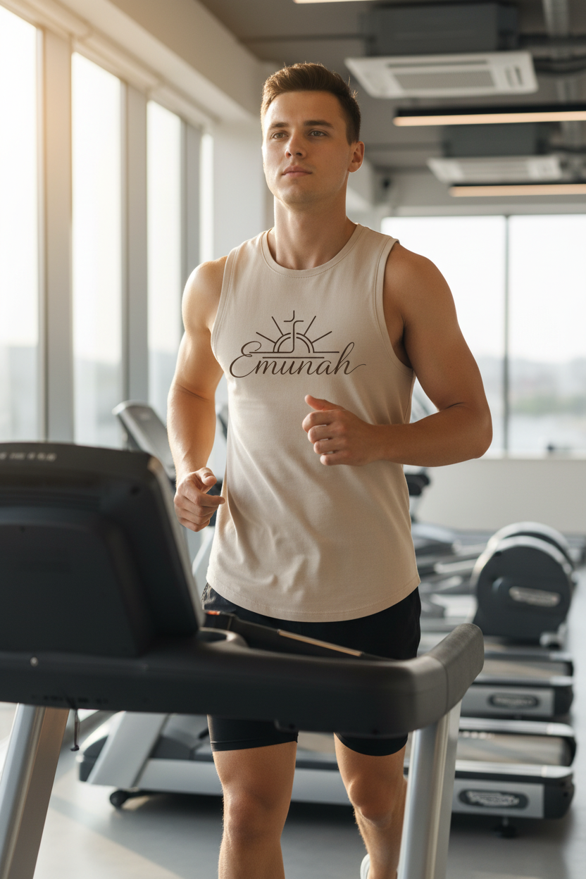 Man running on a treadmill wearing a House of Emunah logo tank top